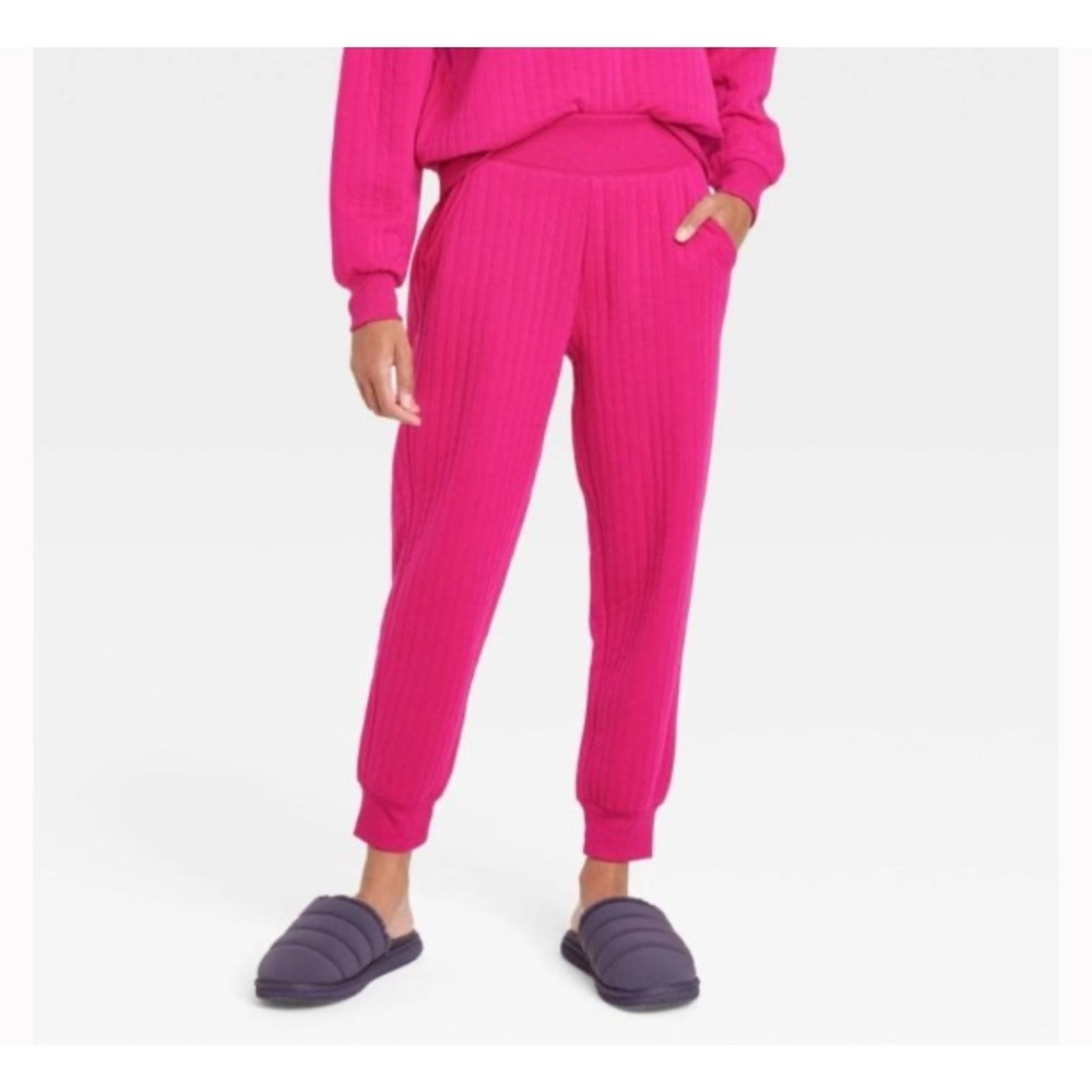 A New Day Womens Ribbed‎ Knit High Waisted Jogger Pants - Magenta Medium